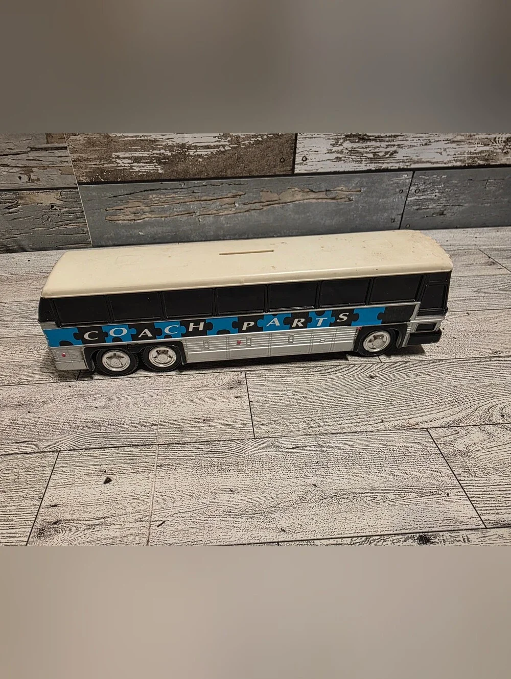 Coach Parts Blue & White Toy Bus - Kids Piggy Bank